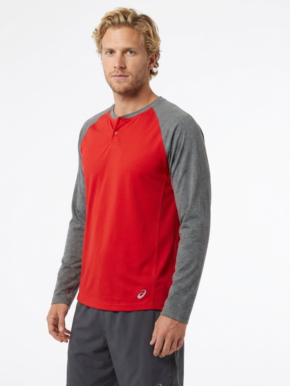 ASICS Men's Performance Henley Long Sleeve Shirt – Red/Gray – Size Large